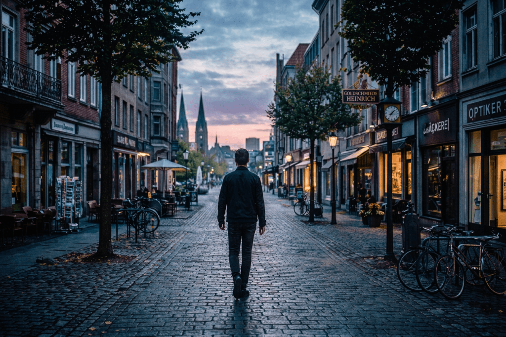 Pedestrians walking along a cobblestone street lined with trees and cafes at sunset